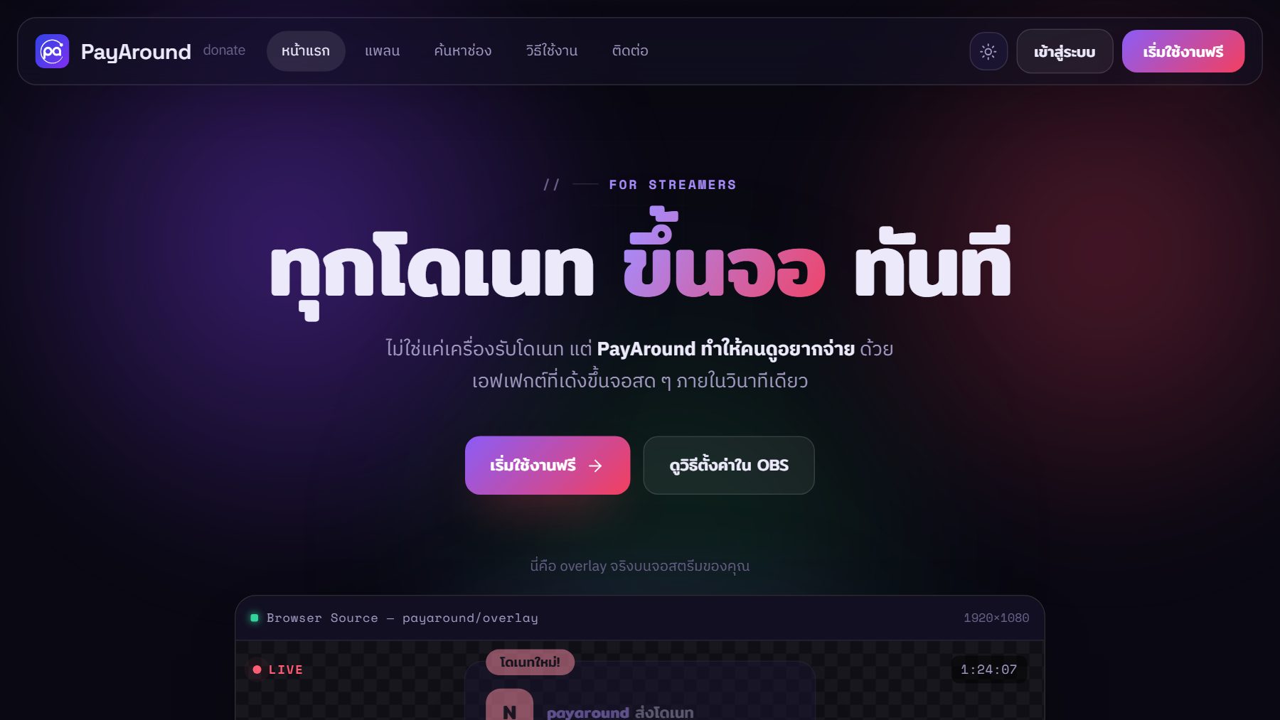 PayAround home page — donation alerts on stream via OBS overlay
